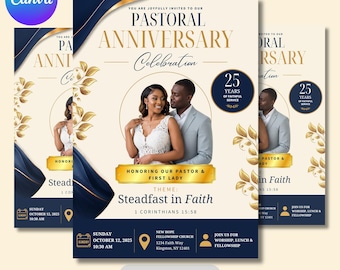 Modello di volantino per l'anniversario pastorale modificabile su Canva / Programma per l'anniversario della chiesa / Volantino di ringraziamento per il pastore / Invito per l'evento della chiesa