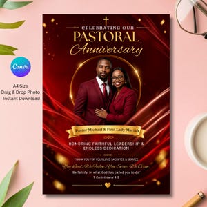 Modello di volantino per l'anniversario pastorale su Canva, volantino di ringraziamento per il pastore, volantino per l'anniversario della chiesa, modello di programma della chiesa modificabile