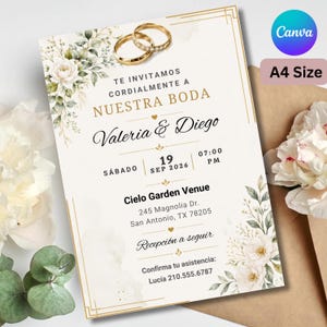 May include: A wedding invitation card featuring two gold rings at the top, white floral illustrations with green leaves, and black text reading TE INVITAMOS CORDIALMENTE A NUESTRA BODA, Valeria & Diego, 19 SEP 2026, 07:00 PM, Cielo Garden Venue.