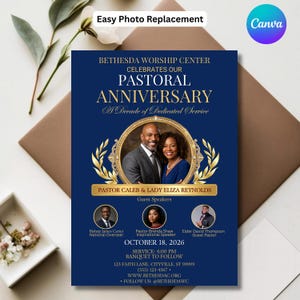 Op de afbeelding: Een marineblauwe flyer voor een pastoraal jubileum in het Bethesda Worship Center. Het bevat een centrale foto van een echtpaar in een gouden lijst, drie kleinere ronde portretten van gastsprekers en tekst over het evenement op 18 oktober 2026.