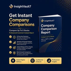 May include: A dark blue book titled Company Comparison Report by InsightVault7, featuring gold text and curved lines. The cover lists stock comparison capabilities, while the background displays text about AI summaries, financial analysis, and ratings.