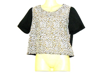Estampado de leopardo para mujer y top corto negro de manga corta - Top con estampado animal - Camiseta superior - Camiseta de la década de 1990 - Talla 10 del Reino Unido - Talla 8 de EE. UU. - Ropa de día