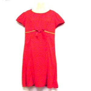 Womens Red Gold Knee Length Dress With Red Bow - Clothes Shopping - Clothes - Red Dress - Jersey Dress - Womens Dress - 1970s Dress