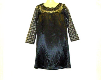 1970s Black Long Sleeve Lace Dress - Illusion Dress - Lace Dress - Gothic Dress - 1970s Dress - Size 12 - Size 10 - Evening Wear- Party Wear