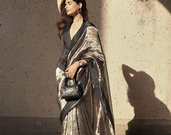 1. Banarasi Tissue Silk Saree | Silver Metallic with Black Border  for party wear saree