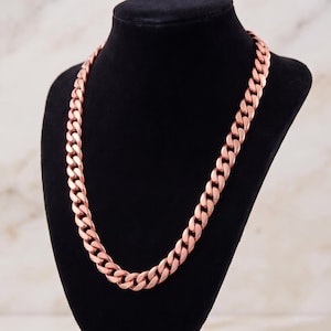 Solid Copper Cuban Link Necklace for Men Women, Chunky Copper Curb Chain, Heavy Everyday Statement Collar Jewelry, Warm Rose Gold Tone