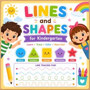 Printable Kindergarten Math Worksheet Learning Lines & Shapes - Tracing, Coloring, Matching and Identifying