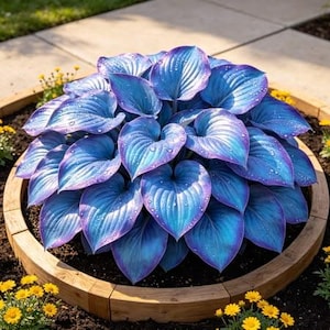 Peut inclure: Une plante hosta vibrante aux feuilles en forme de cœur présentant un dégradé de teintes bleu profond et violet. Le feuillage est disposé en un monticule dense et symétrique, avec des gouttelettes d'eau visibles sur les surfaces nervurées.