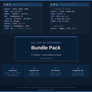 SQL for QA Engineers Bundle - 4 Templates: Cheat Sheet, Snippets, Checklist & PostgreSQL Reference (+practice exercises)