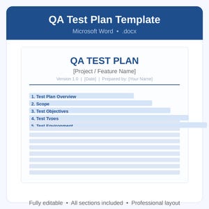 May include: A digital QA Test Plan template document in Microsoft Word .docx format. The layout features a blue header with white text, a central section titled QA TEST PLAN, and numbered list items including Test Plan Overview and Scope.