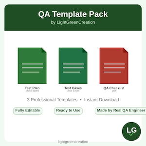 May include: A QA Template Pack by LightGreenCreation featuring three document icons: a green Test Plan .docx Word file, a green Test Cases .xlsx Excel file, and a red QA Checklist .pdf file. Text includes 3 Professional Templates, Instant Download, Fully Editable, Ready to Use, and Made by Real QA Engineer.