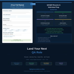 QA Engineer Resume and Interview Prep Bundle — QA Cover Letter, Ats Resume Template, Q/A Bank, Guide, Study Checklist, Day Plan Template