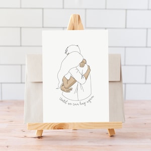 May include: A simple line drawing of two people hugging with the text "Until we can hug again".