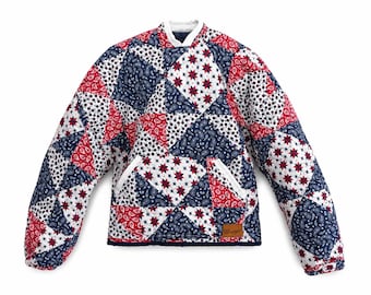 Patriotic Patchwork Quilted Hoodie | Red White Blue Cotton Pullover M/L