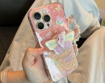 Print Hello Kitty MagSafe iPhone Case, Quicksand Grip Stand + Beaded Wrist Strap, Sticker Shockproof Cover for iPhone 16/15/14/13 Pro Max