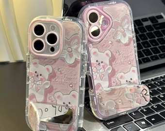 Pink Bear iPhone Handyhülle mit Spiegelständer, süße Diamant Blume stoßfeste Abdeckung für iPhone 16/15/14/13 Pro Max