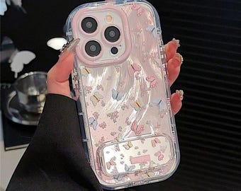 Pastell Schmetterling iPhone Hülle mit Spiegelständer, niedliche Floral seidige Oberfläche stoßfeste Abdeckung für iPhone 16/15/14/13 Pro Max