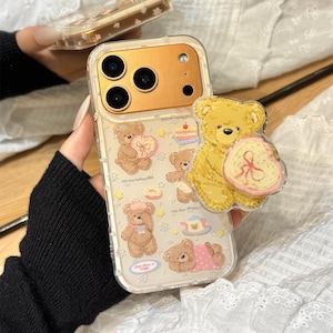 Capa MagSafe para iPhone com estampa vintage de ursinho de pelúcia e sobremesa, dupla camada de acrílico em formato de coração e bolo, com suporte Pop Socket para iPhone 17/16/15/14/13 Pro Max.
