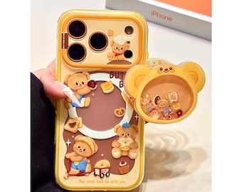 Capa MagSafe para iPhone com desenho de urso amanteigado, PopSocket com desenho de urso para lanches, borda amarela, capa protetora resistente a impactos para iPhone 16/15/14/13 Pro Max.