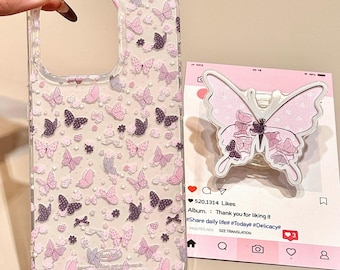 Rosa Schmetterling iPhone Fall mit magnetischem Ständer, nette Polka Dot Blumen Transparent stoßfeste Abdeckung für iPhone 17/16/15/14/13 Pro Max