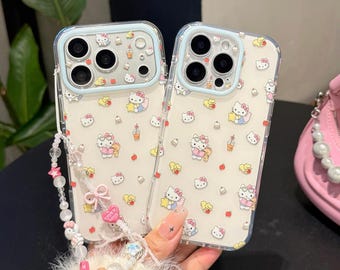 Capa para iPhone com estampa floral fofa de gato, estampa completa, capa à prova de choque com chaveiro de contas para iPhone 17/16/15 Pro Max