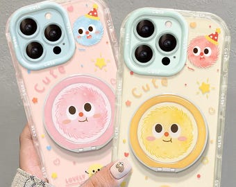 Cute Hairball Elf MagSafe iPhone Case, Rotatable Mirror Stand, Pastel Jelly Cream Shockproof Cover for iPhone 17/16/15/14/13 Pro Max