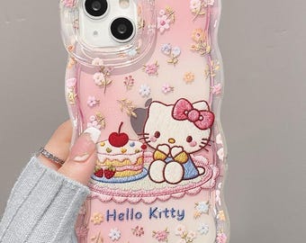Capa para iPhone Hello Kitty bordada, com borda ondulada, suporte duplo oculto, efeito degradê e à prova de choque, compatível com iPhone 17/16/15/14/13 Pro Max.