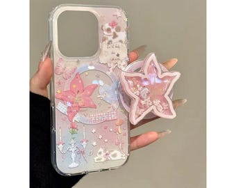 Capa para iPhone Vintage Floral com Gatinhos, Rosa com Estampa de Estrelas, MagSafe Grip, Transparente e Resistente a Impactos para iPhone 16/15/14/13 Pro Max