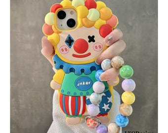 3D Clown Joker Silicone iPhone Case with Beaded Wrist Strap, Cute Colorful Shockproof Cover for iPhone 17/16/15/14/13 Pro Max
