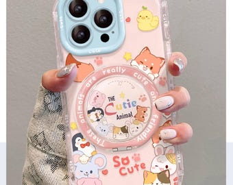 Cute Cartoon Animal MagSafe iPhone Case, Rotatable Mirror Stand, Pastel Jelly Cream Shockproof Cover for iPhone17/16/15/14/13 Pro Max