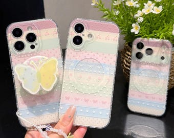 Capa MagSafe para iPhone com estampa de listras pastel kawaii, capa fofa com laço, PopSocket de borboleta e chaveiro de miçangas para iPhone 17/16/15 Pro Max.