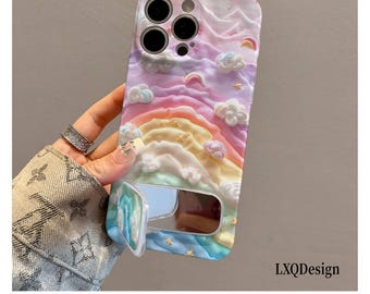 Capa para iPhone com estampa de nuvem arco-íris em relevo 3D, capa à prova de choque com estampa de céu em tons pastel e suporte flip espelhado para iPhone 16/15/14/13 Pro Max.