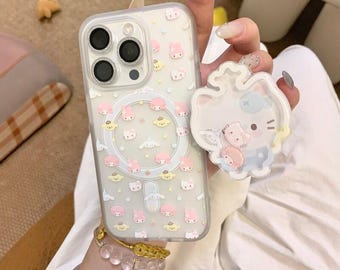Niedliche Sanrio Familie MagSafe iPhone Hülle mit Cat Pop Sockel, Kawaii stoßfeste Abdeckung für iPhone 17/16/15/14/13 Pro Max