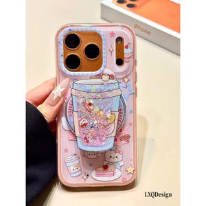 Hello Kitty Coffee Cup Quicksand MagSafe iPhone Case,Contrast Camera Frame Transparent Shockproof Phone Cover for iPhone 17/16/15/14 Pro Max image 2