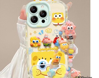 Capa para iPhone do Bob Esponja e Patrick, capa transparente tipo gelatina, suporte flip espelhado e corrente de pulso com contas, capa resistente a impactos para iPhone 17/16/15/14/13 Pro Max.