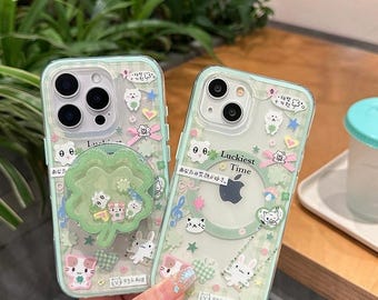 Green Clover Lucky iPhone Case, Kawaii Bunny Cat Print Shaker MagSafe PopSocket Shockproof Cover for iPhone  17/16/15/14/13 Pro Max