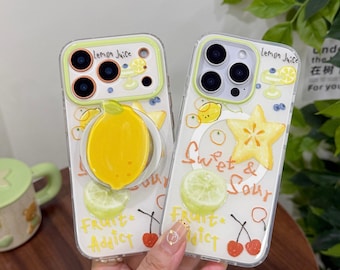 Capa para iPhone com desenho de limão feito à mão, estampa em aquarela, capa resistente a impactos com MagSafe Grip para iPhone 17/16/15/14/13 Pro Max.