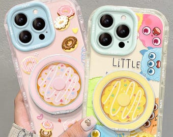 Kawaii Donut MagSafe iPhone Case, Rotatable Mirror Stand, Pastel Jelly Cream Transparent Shockproof Cover for iPhone 17/16/15/14/13 Pro Max
