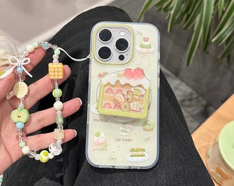 Matcha Dessert Shaker MagSafe iPhone Case, Cute Green Cake Print Shockproof Cover with Beaded Strap for iPhone 17/16/15/14/13 Pro Max