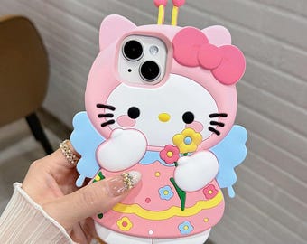 3D Hello Kitty Bee Costume Silicone iPhone Case, Cute Cartoon Shockproof Cover for iPhone 17/16/15/14/13 Pro Max
