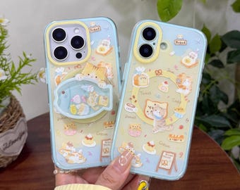 Capa para iPhone com estampa de gatinho padeiro fofo, em tons pastel, à prova de choque, com textura aderente e cordão para iPhone 17/16/15 Pro Max.