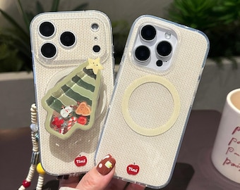 Christmas Knit iPhone Case, Festive Tree Print, Shockproof Cover with Shaker Grip & Beaded Lanyard for iPhone 17/16/15/14/13 Pro Max