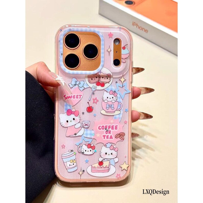 Hello Kitty Coffee Cup Quicksand MagSafe iPhone Case,Contrast Camera Frame Transparent Shockproof Phone Cover for iPhone 17/16/15/14 Pro Max Magsafe Case Only