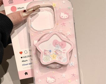 Capa MagSafe para iPhone com estampa de gatinho fofo, em dois estilos: Gato com Estrelas e Gato Branco. Capa protetora com efeito shaker e gradiente, à prova de choque, para iPhone 16/15/14/13 Pro Max.