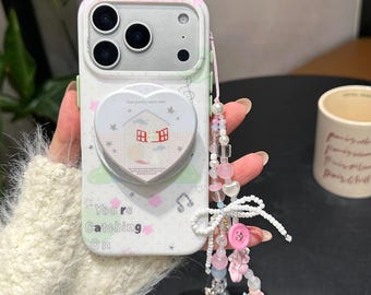 Kawaii Pastel Cottage MagSafe iPhone Case,Hand Drawn Print Cover with Heart PopSocket & Beaded Keychain for iPhone 17/16/15/14/13 Pro Max