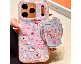 Capa MagSafe Hello Kitty Coffee Cup Quicksand para iPhone, com moldura de câmera contrastante, transparente e resistente a impactos, para iPhone 17/16/15/14 Pro Max.