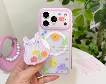 Capa para iPhone com estampa de saco de frutas fofo, listras, transparente e resistente a impactos, com bolso para frutas e suporte para iPhone 17/16/15/14/13 Pro Max.