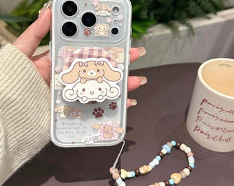 Capa para iPhone com estampa de coelho doce e fofa, à prova de choque, com aderência combinando e cordão com contas para iPhone 17/16/15/14/13 Pro Max.