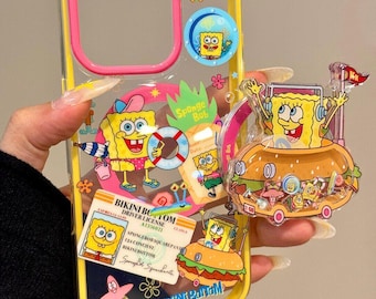 Cute SpongeBob SquarePants Shake Shake iPhone Case with Burger Car Mirror Stand,  Cartoon Shockproof Cover for iPhone 17/16/15/14/13 Pro Max