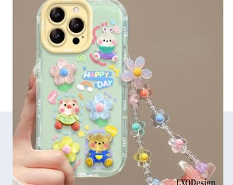 3D Animal & Flower iPhone Case with Beaded Wrist Strap, Pastel Jelly Cream Transparent Shockproof Cover for iPhone 17/16/15/14/13 Pro Max
